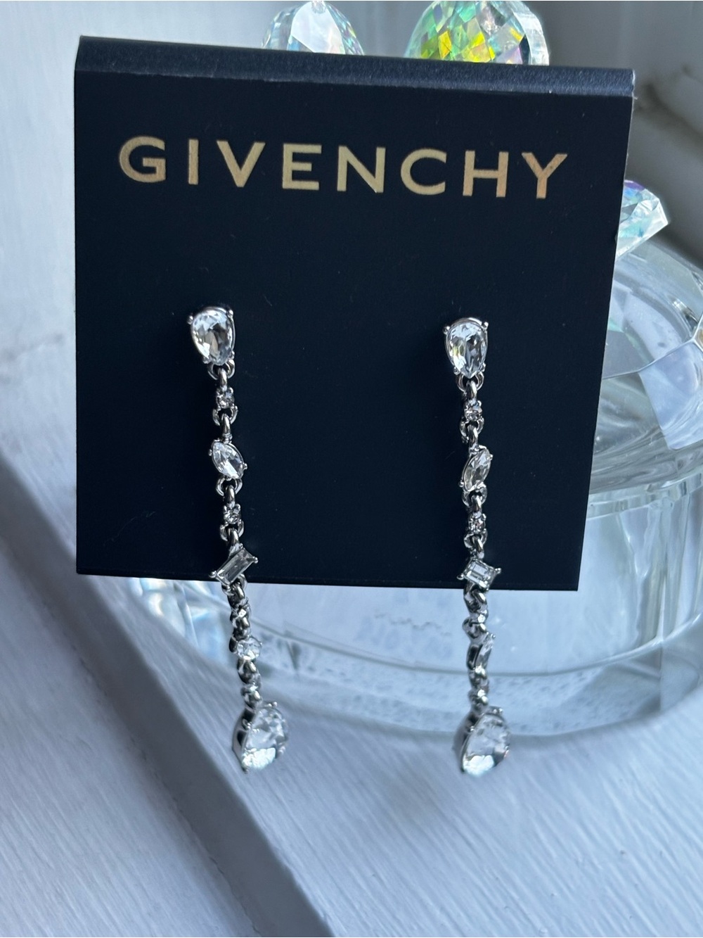 Givenchy Silver-Tone Mixed Cut Crystal Linear Drop Dangle Earrings NWT